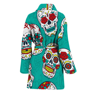 Teal Sugar Skull Pattern Print Women's Bathrobe