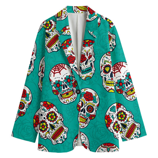Teal Sugar Skull Pattern Print Women's Blazer