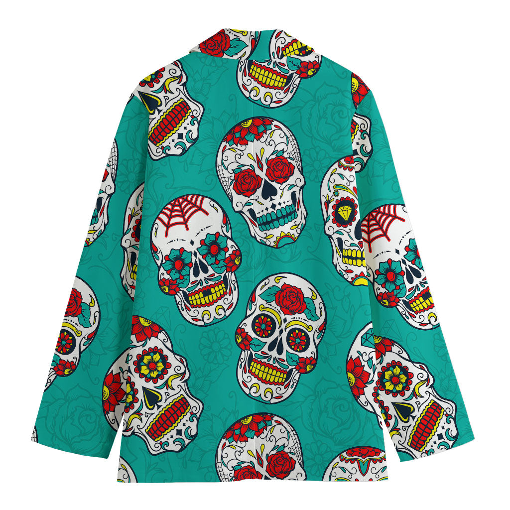 Teal Sugar Skull Pattern Print Women's Blazer