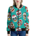 Teal Sugar Skull Pattern Print Women's Bomber Jacket