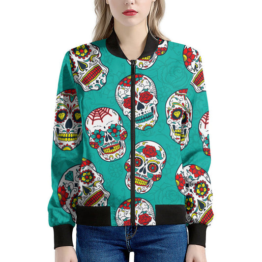 Teal Sugar Skull Pattern Print Women's Bomber Jacket