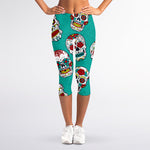 Teal Sugar Skull Pattern Print Women's Capri Leggings