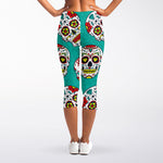Teal Sugar Skull Pattern Print Women's Capri Leggings