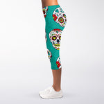 Teal Sugar Skull Pattern Print Women's Capri Leggings