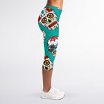 Teal Sugar Skull Pattern Print Women's Capri Leggings