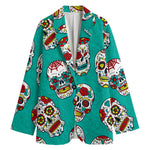 Teal Sugar Skull Pattern Print Women's Cotton Blazer