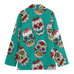 Teal Sugar Skull Pattern Print Women's Cotton Blazer