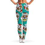 Teal Sugar Skull Pattern Print Women's Leggings