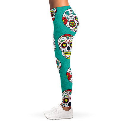 Teal Sugar Skull Pattern Print Women's Leggings
