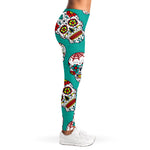 Teal Sugar Skull Pattern Print Women's Leggings