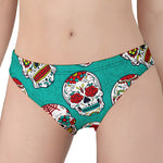 Teal Sugar Skull Pattern Print Women's Panties