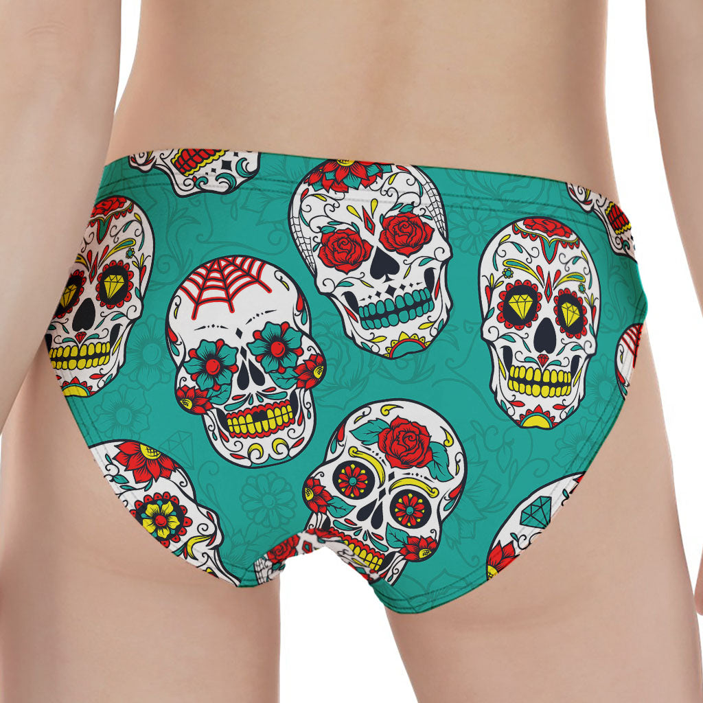 Teal Sugar Skull Pattern Print Women's Panties