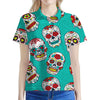 Teal Sugar Skull Pattern Print Women's Polo Shirt