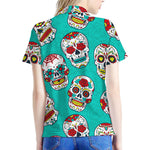 Teal Sugar Skull Pattern Print Women's Polo Shirt