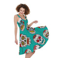 Teal Sugar Skull Pattern Print Sleeveless Knee Length Dress