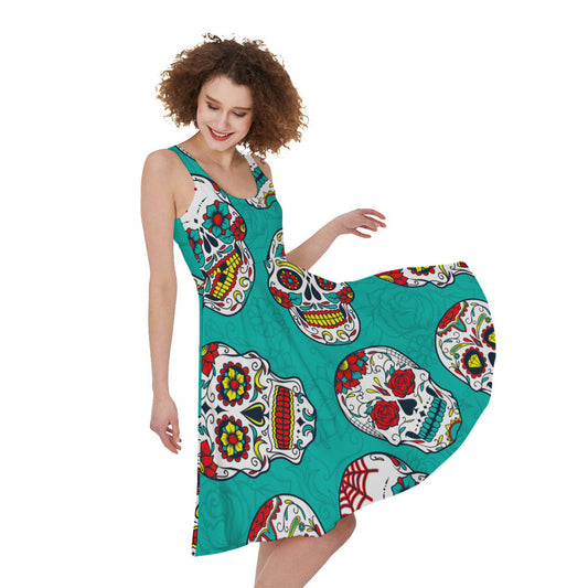 Teal Sugar Skull Pattern Print Women's Sleeveless Dress