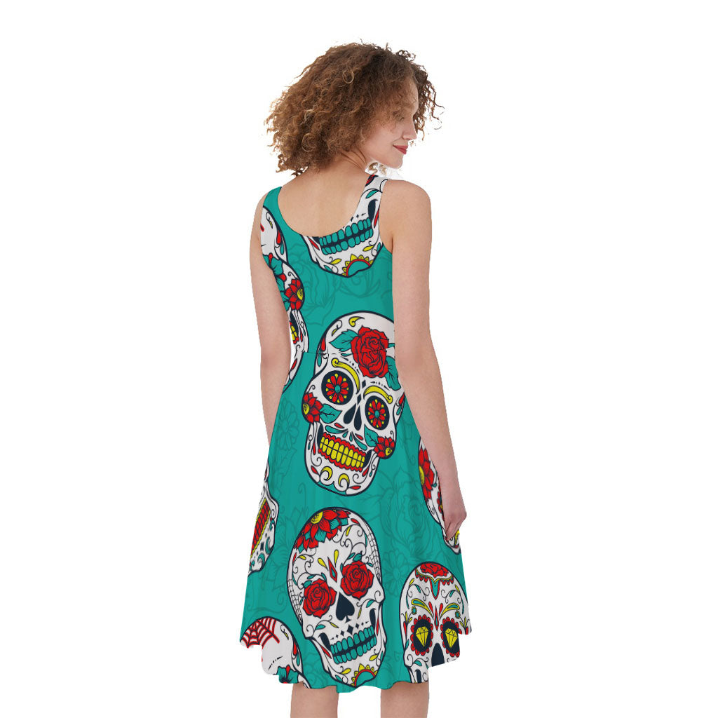 Teal Sugar Skull Pattern Print Women's Sleeveless Dress