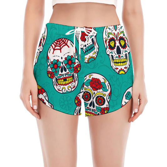 Teal Sugar Skull Pattern Print Women's Split Running Shorts