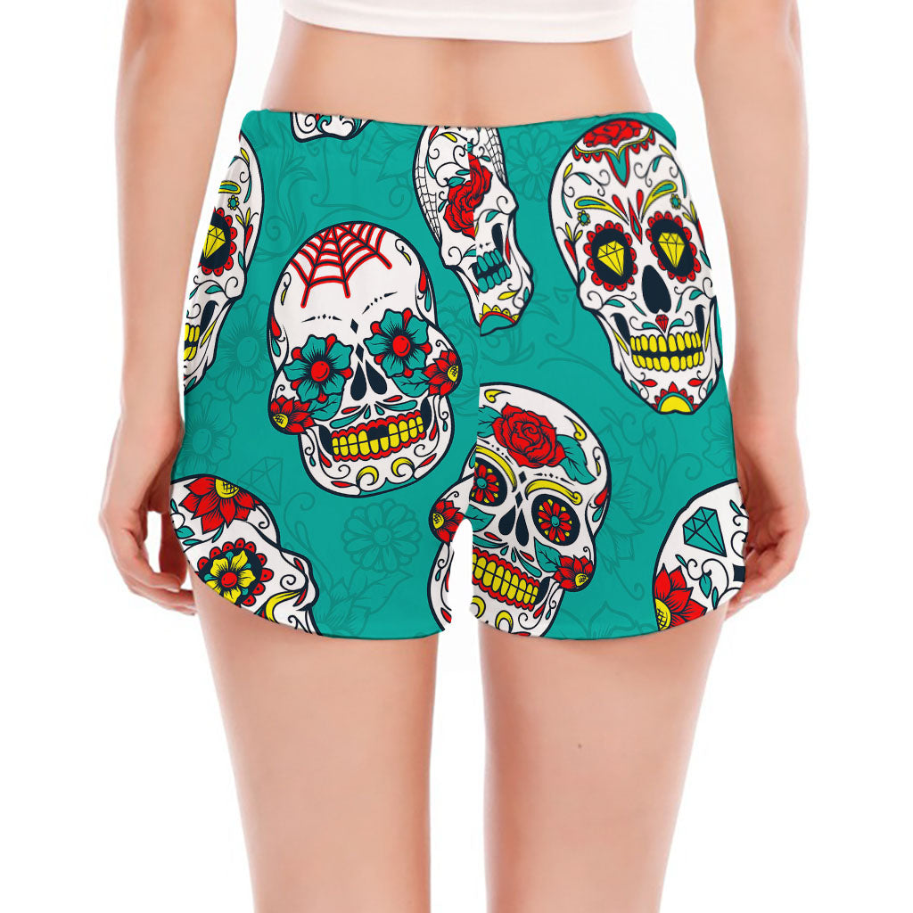 Teal Sugar Skull Pattern Print Women's Split Running Shorts