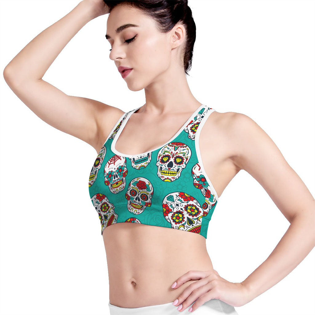 Teal Sugar Skull Pattern Print Women's Sports Bra