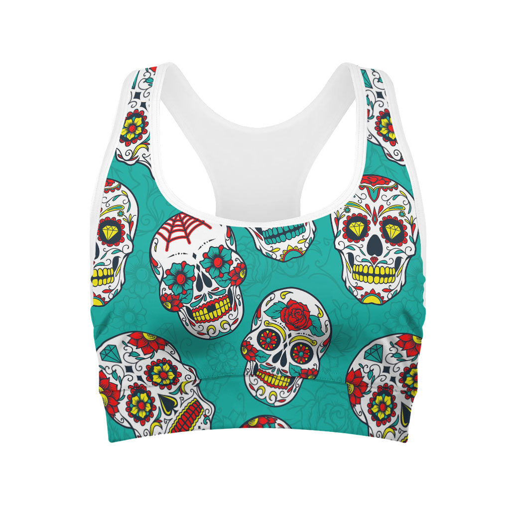 Teal Sugar Skull Pattern Print Women's Sports Bra