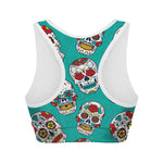 Teal Sugar Skull Pattern Print Women's Sports Bra