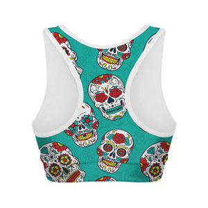 Teal Sugar Skull Pattern Print Women's Sports Bra