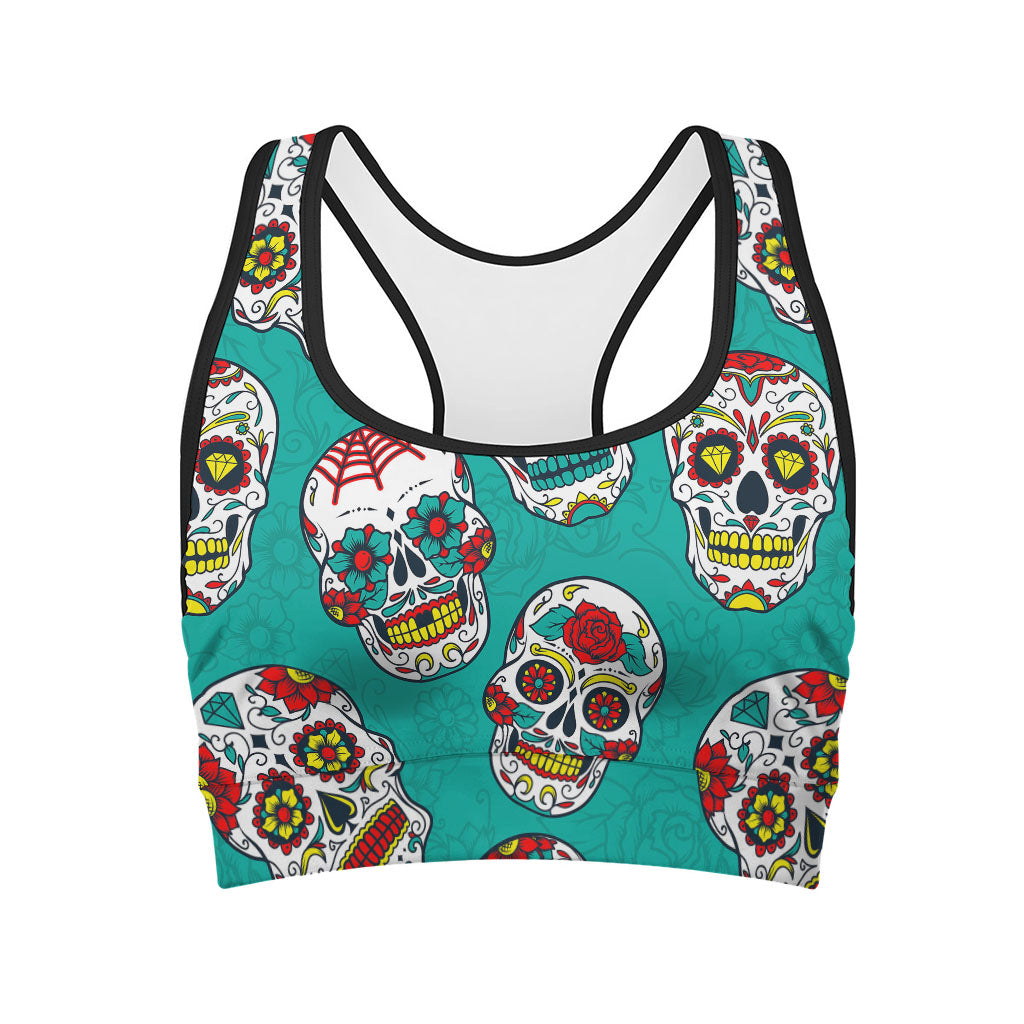 Teal Sugar Skull Pattern Print Women's Sports Bra