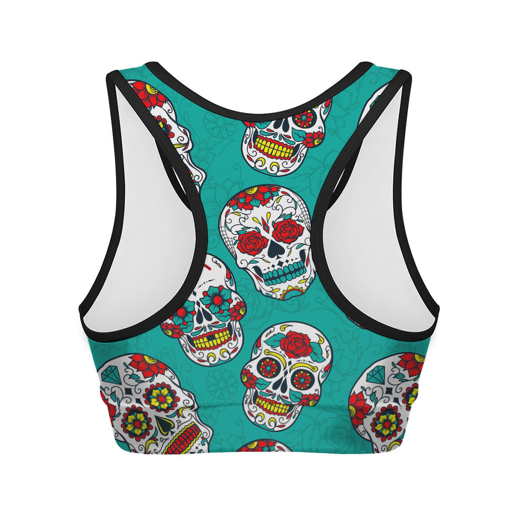 Teal Sugar Skull Pattern Print Women's Sports Bra