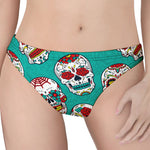 Teal Sugar Skull Pattern Print Women's Thong