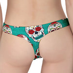 Teal Sugar Skull Pattern Print Women's Thong
