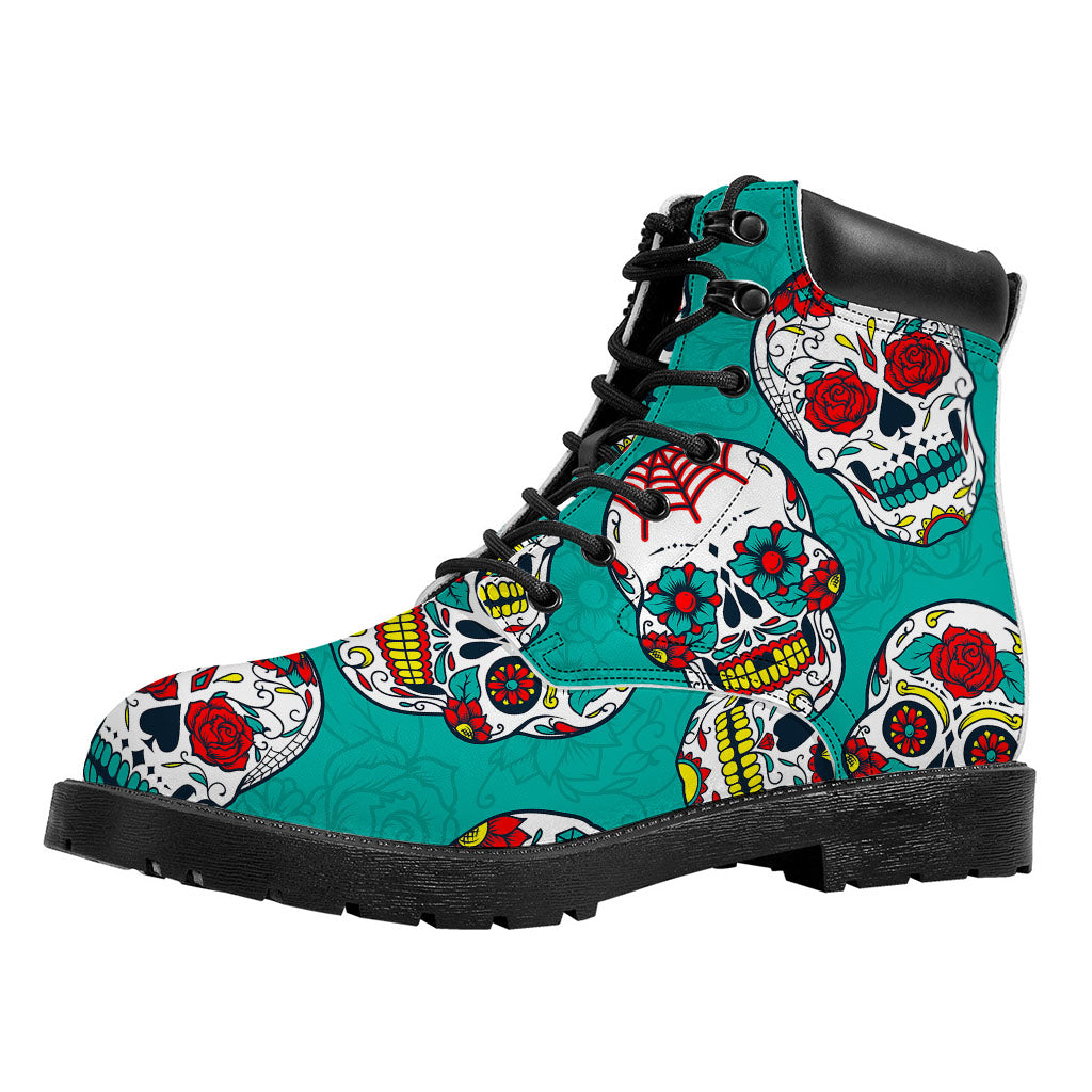 Teal Sugar Skull Pattern Print Work Boots