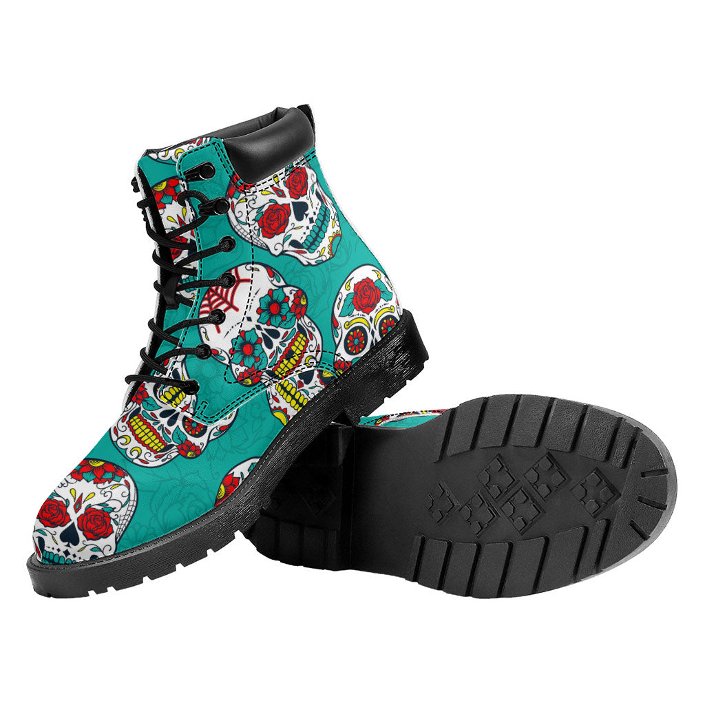 Teal Sugar Skull Pattern Print Work Boots