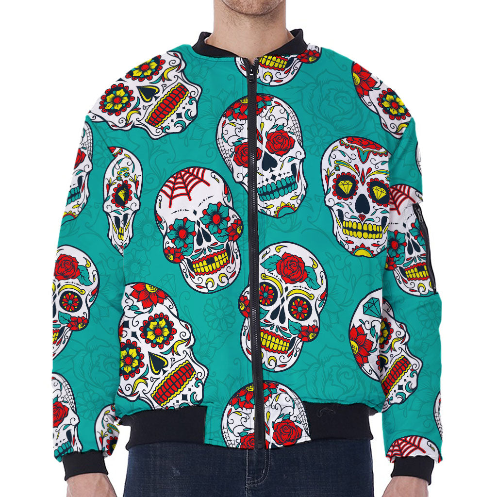 Teal Sugar Skull Pattern Print Zip Sleeve Bomber Jacket