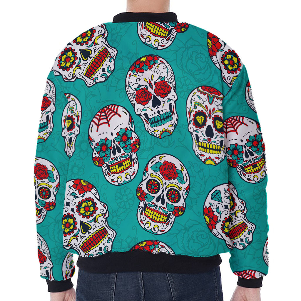 Teal Sugar Skull Pattern Print Zip Sleeve Bomber Jacket