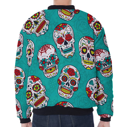Teal Sugar Skull Pattern Print Zip Sleeve Bomber Jacket
