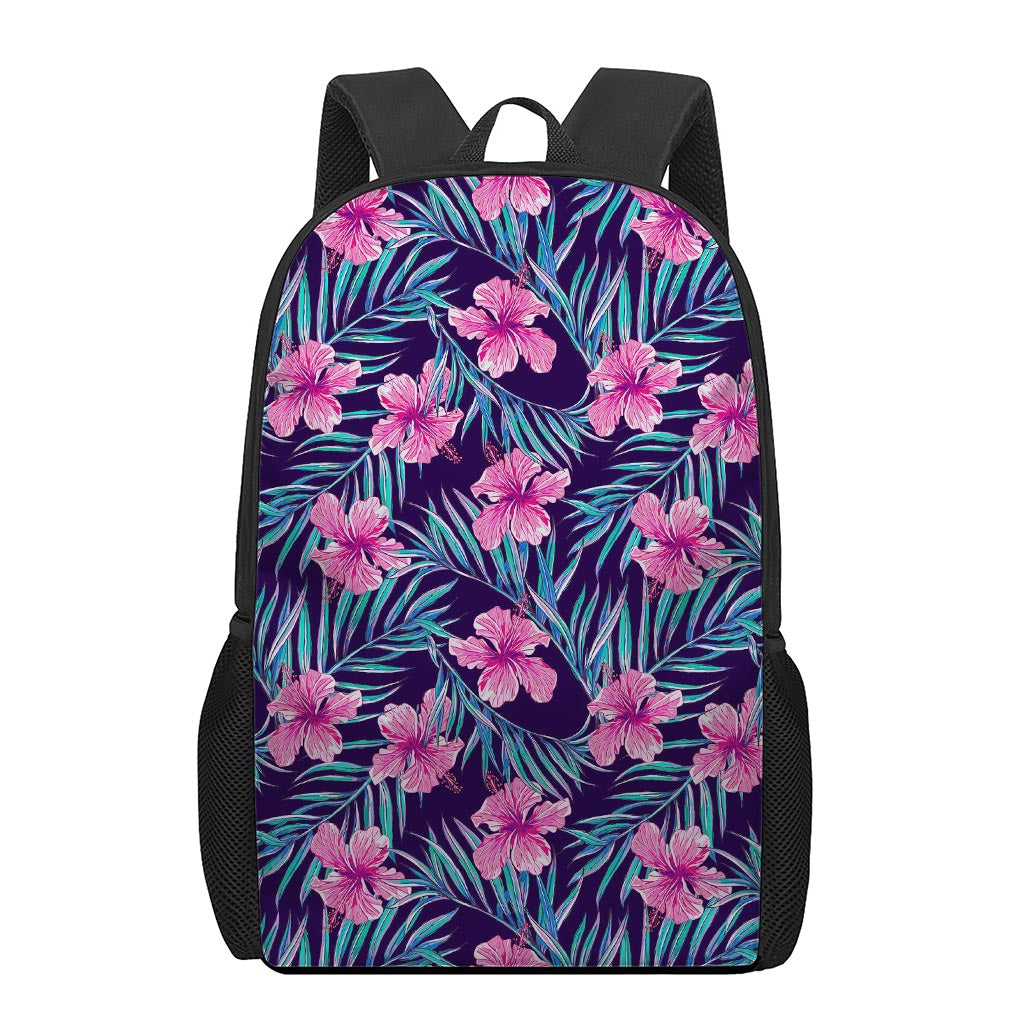 Teal Tropical Hibiscus Pattern Print 17 Inch Backpack