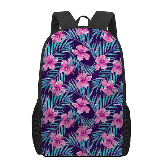 Teal Tropical Hibiscus Pattern Print 17 Inch Backpack