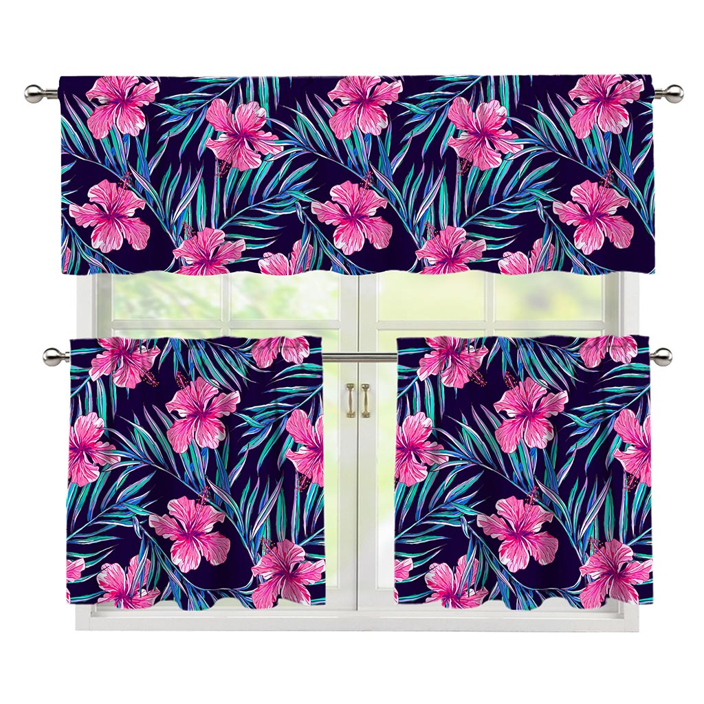 Teal Tropical Hibiscus Pattern Print 3 Piece Kitchen Curtains