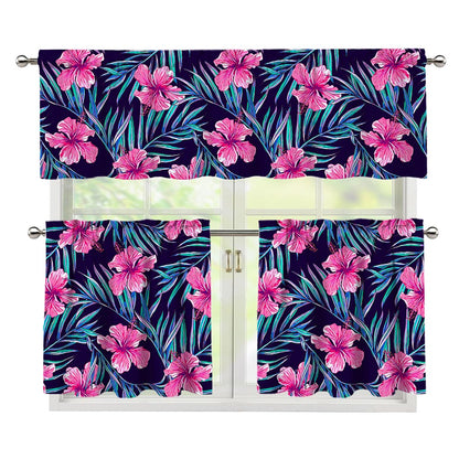 Teal Tropical Hibiscus Pattern Print 3 Piece Kitchen Curtains