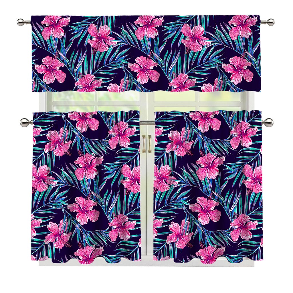Teal Tropical Hibiscus Pattern Print 3 Piece Kitchen Curtains