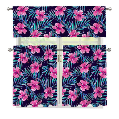 Teal Tropical Hibiscus Pattern Print 3 Piece Kitchen Curtains