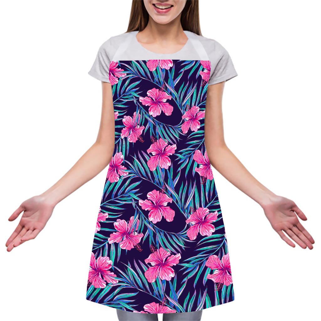 Teal Tropical Hibiscus Pattern Print Adjustable Apron