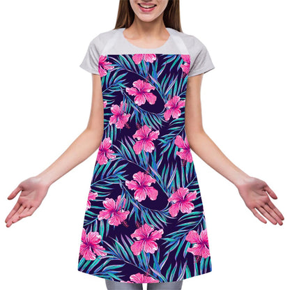 Teal Tropical Hibiscus Pattern Print Adjustable Apron