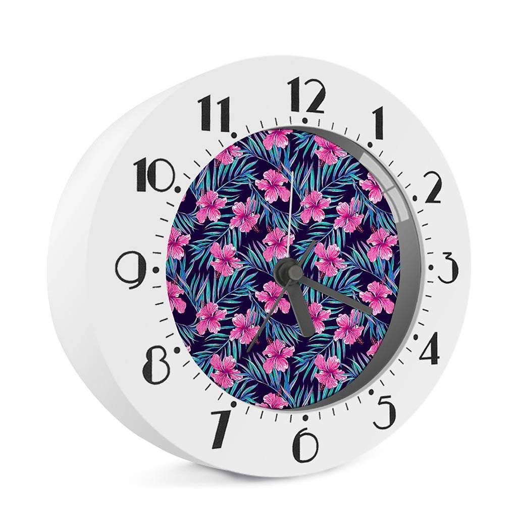 Teal Tropical Hibiscus Pattern Print Alarm Clock