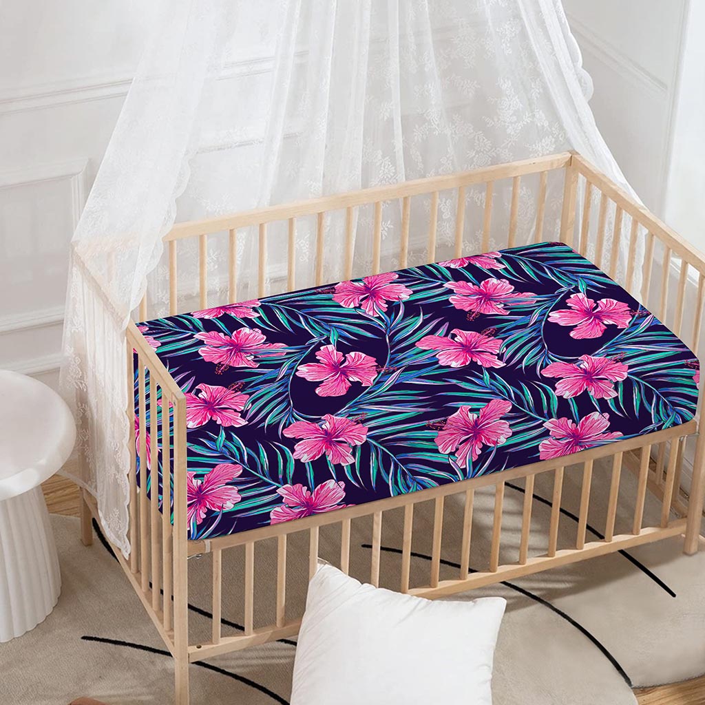 Teal Tropical Hibiscus Pattern Print Baby Crib Sheet