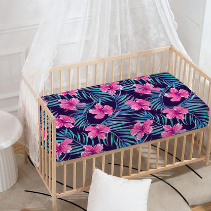 Teal Tropical Hibiscus Pattern Print Baby Crib Sheet