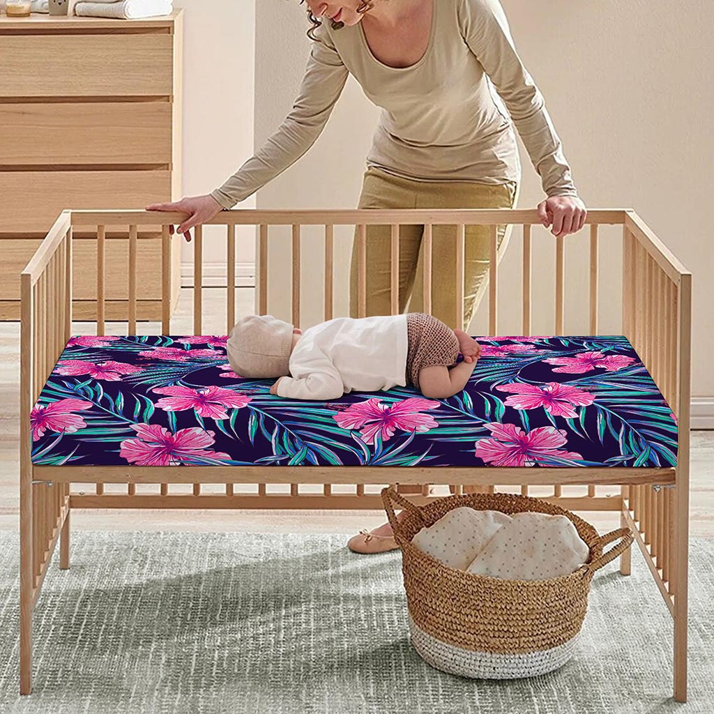 Teal Tropical Hibiscus Pattern Print Baby Crib Sheet