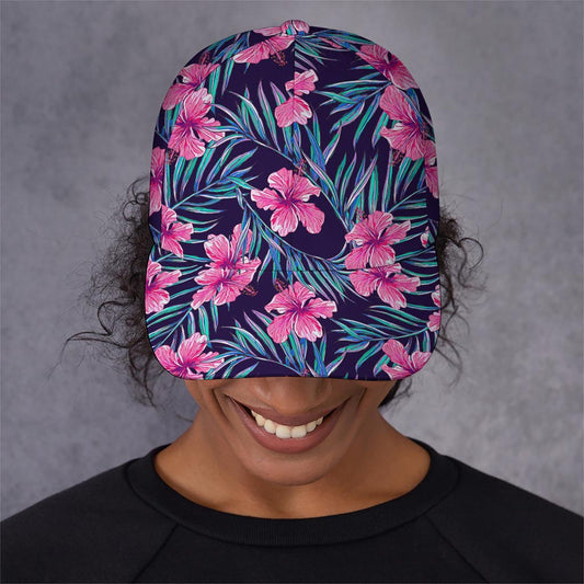 Teal Tropical Hibiscus Pattern Print Baseball Cap