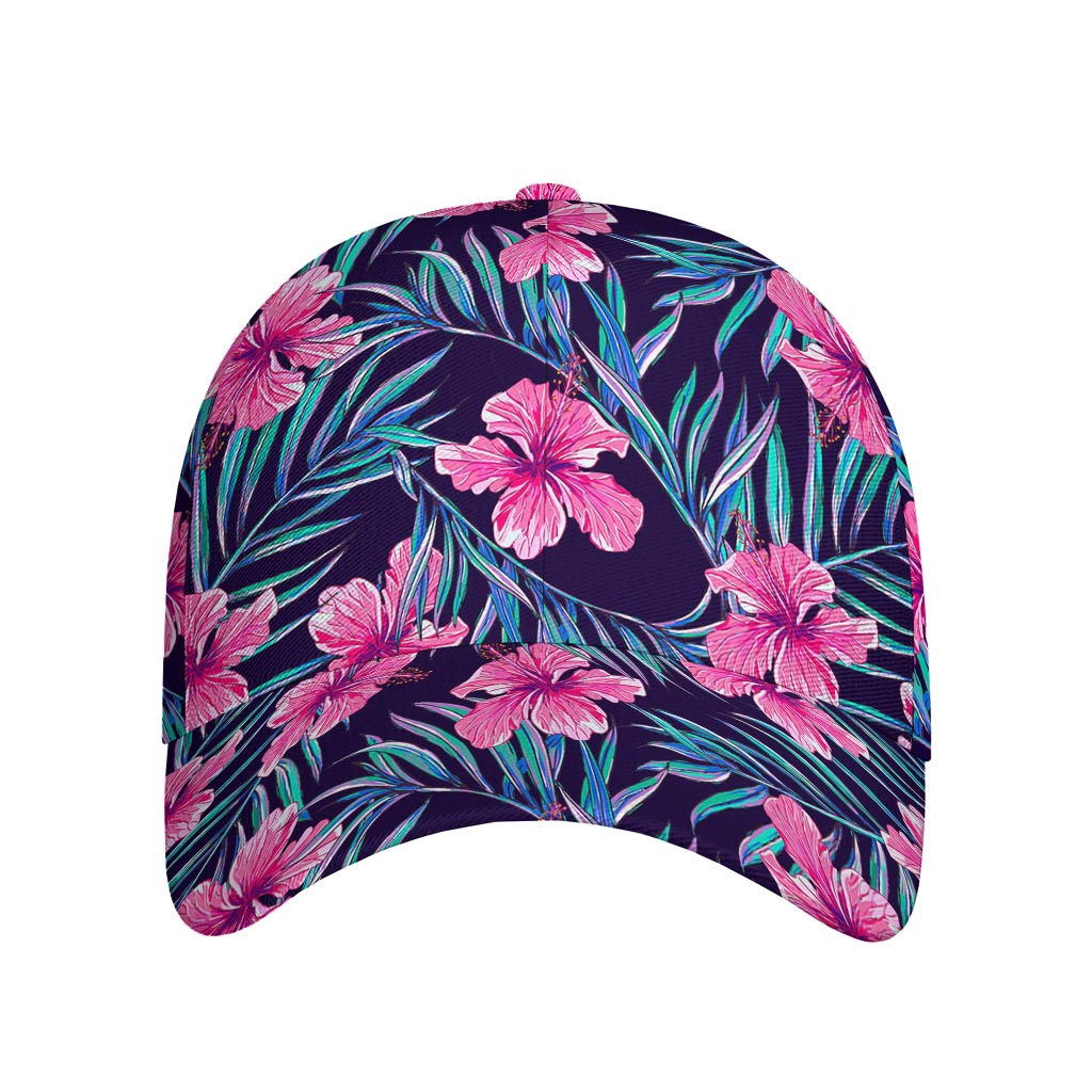 Teal Tropical Hibiscus Pattern Print Baseball Cap
